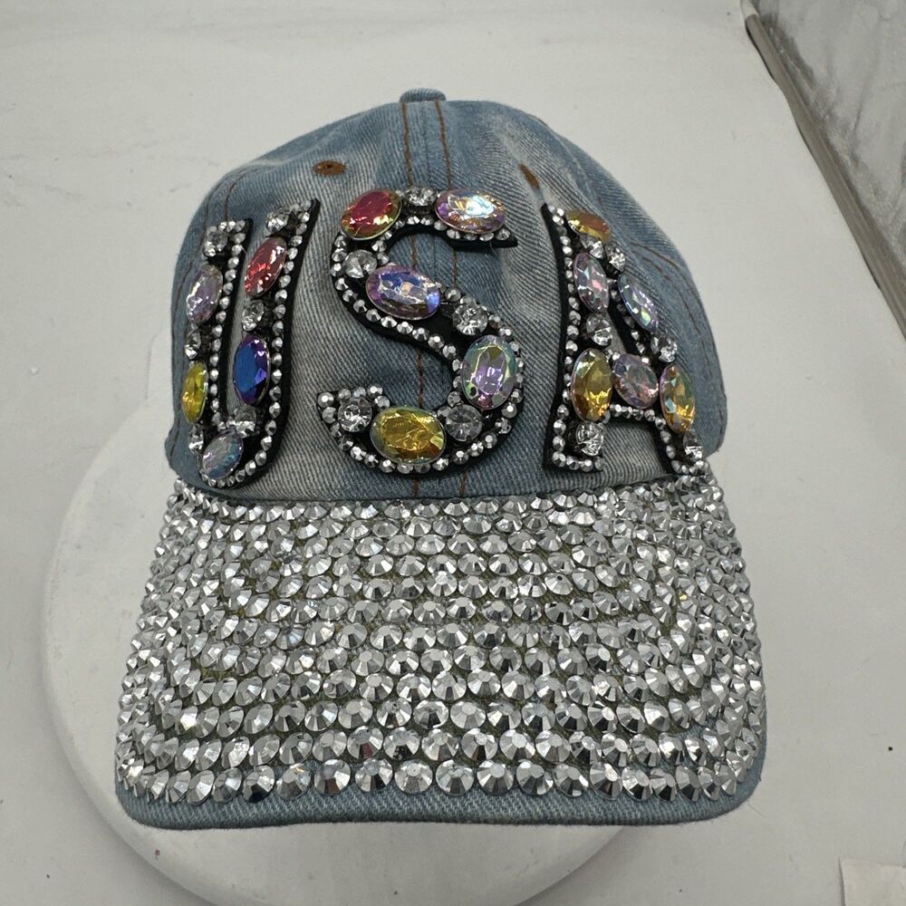 USA Hat Cap Strap Back Womens One Size Blue Bling Jeweled 100% Cotton Distressed